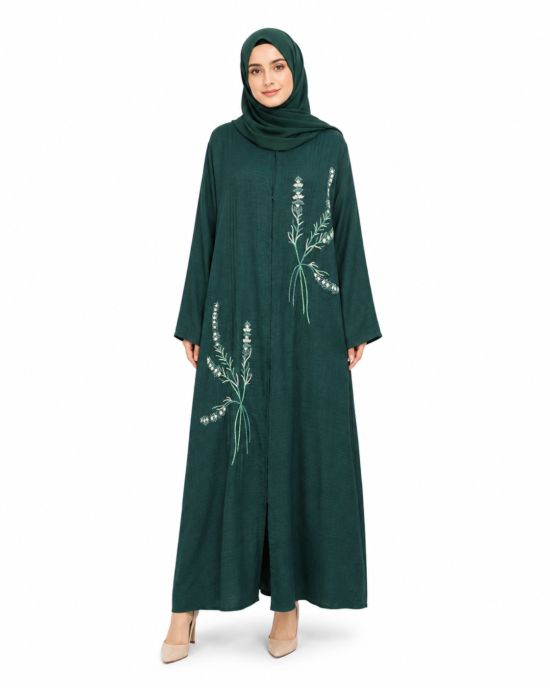 Emerald Green White Embroidered Front Open Abaya